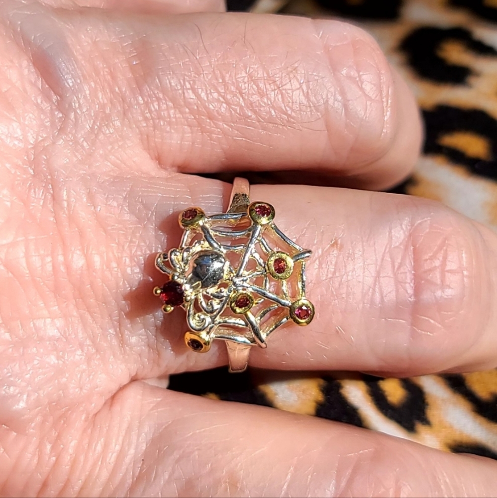 Red Tourmaline & Garnet sleek sterling spider 🕷 on 🕸 web ring sz 8 - Picture 3 of 14